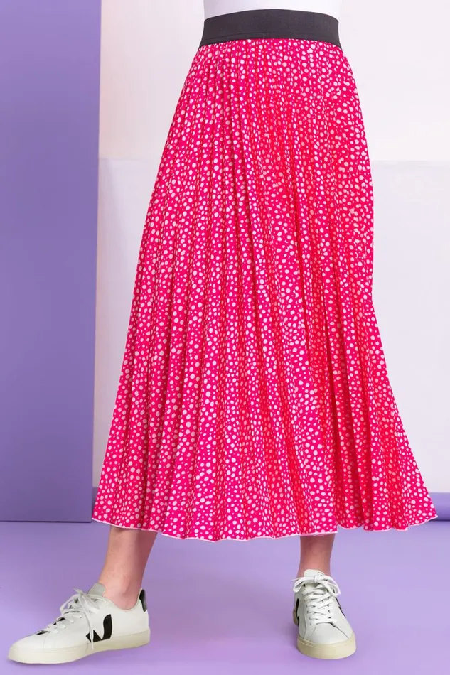 Women Pink Ditsy Spot Print Pleated Skirt Roman Skirts