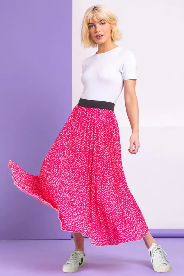 Women Pink Ditsy Spot Print Pleated Skirt Roman Skirts