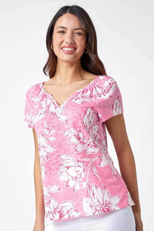 Women Pink Floral Print Burnout VNeck Top Roman Tops