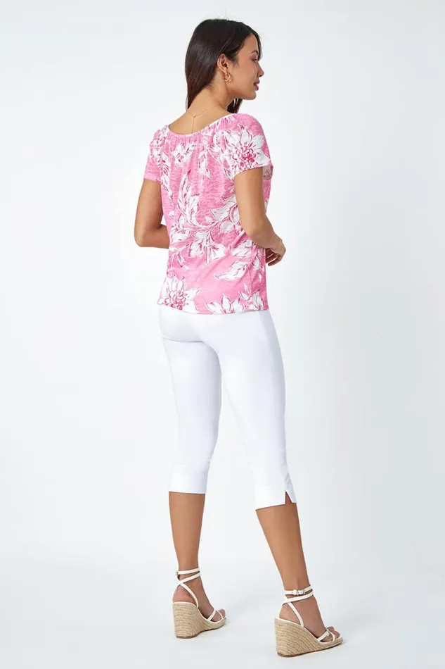 Women Pink Floral Print Burnout VNeck Top Roman Tops