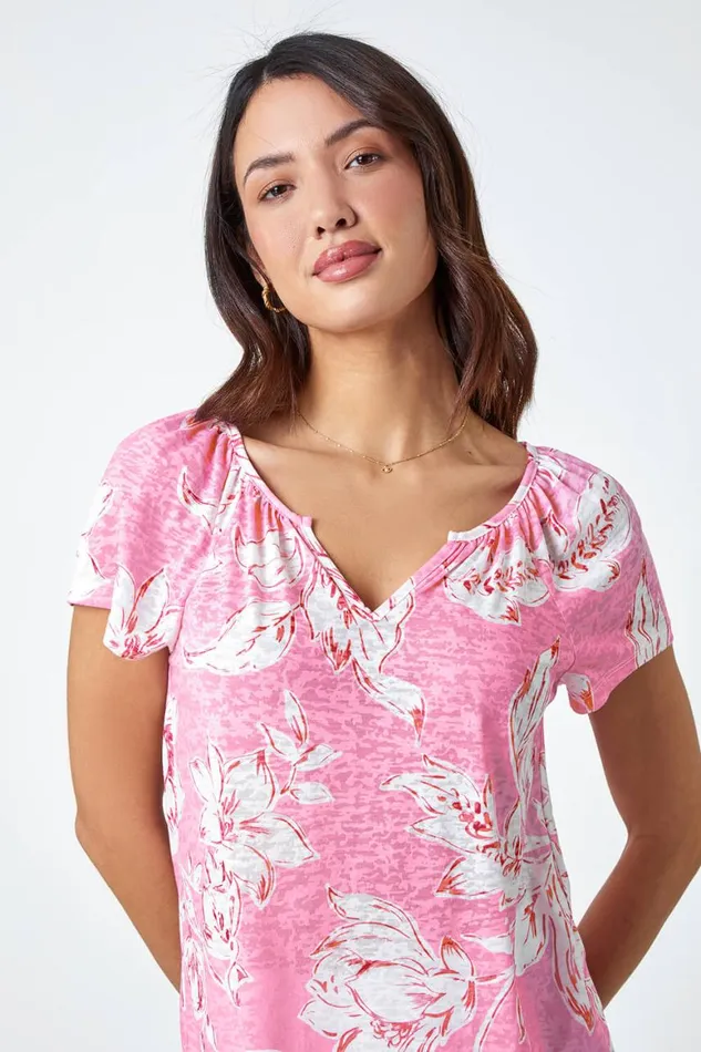 Women Pink Floral Print Burnout VNeck Top Roman Tops