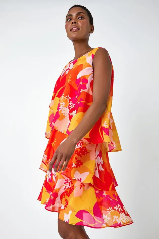 Women Pink Floral Print Tiered Dress Roman Dresses