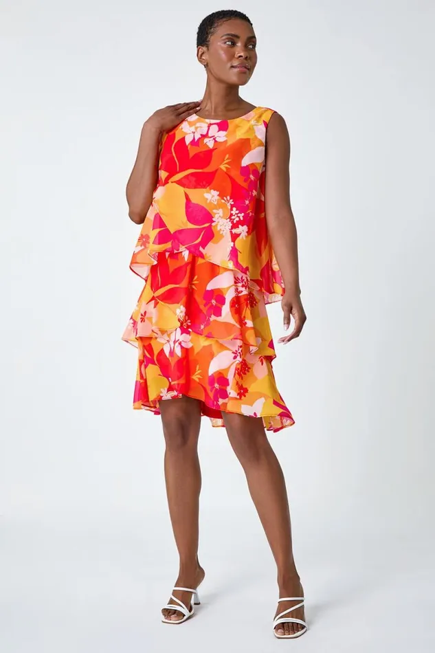 Women Pink Floral Print Tiered Dress Roman Dresses