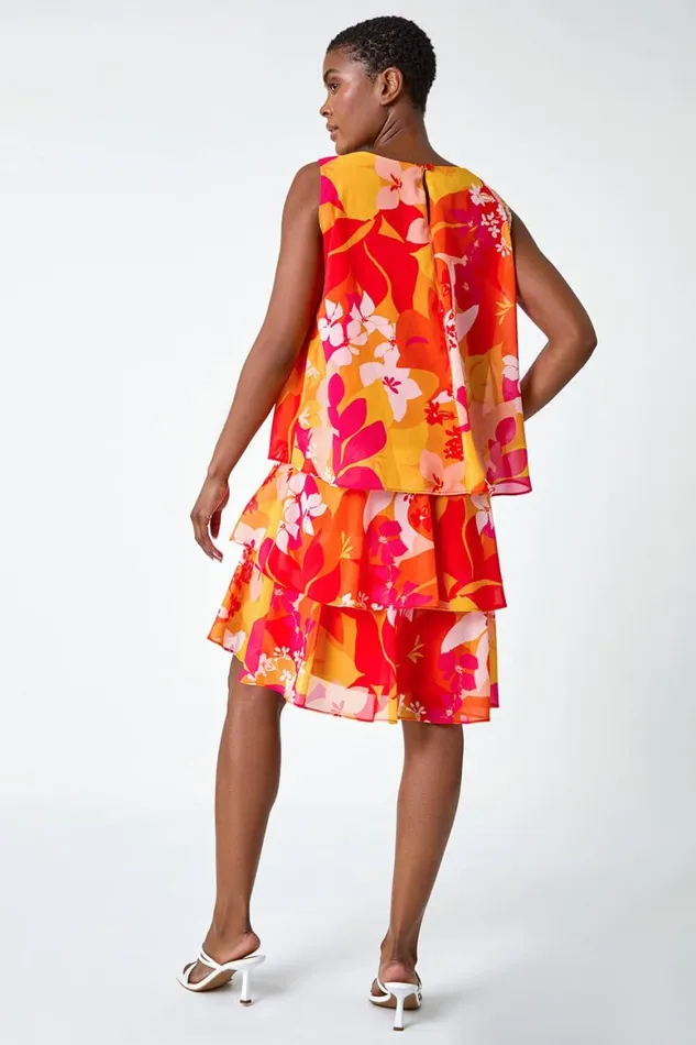 Women Pink Floral Print Tiered Dress Roman Dresses