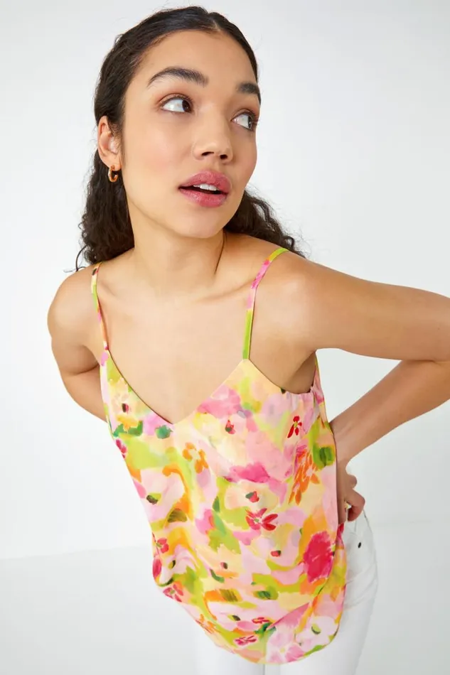 Women Pink Floral Print VNeck Double Layer Cami Top Roman Tops
