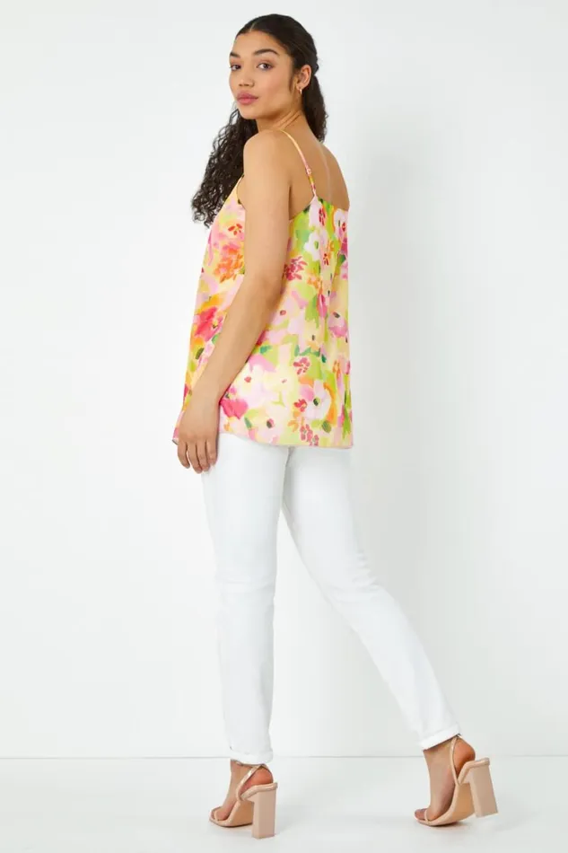Women Pink Floral Print VNeck Double Layer Cami Top Roman Tops