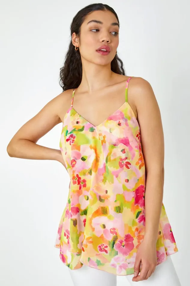 Women Pink Floral Print VNeck Double Layer Cami Top Roman Tops