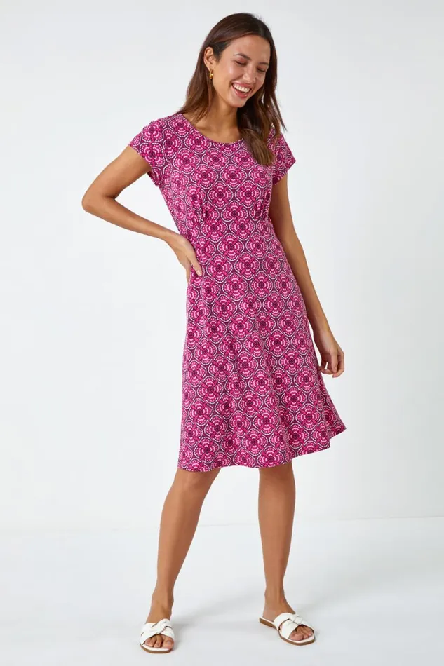Women Pink Geo Print Textured Stretch Dress Roman Dresses