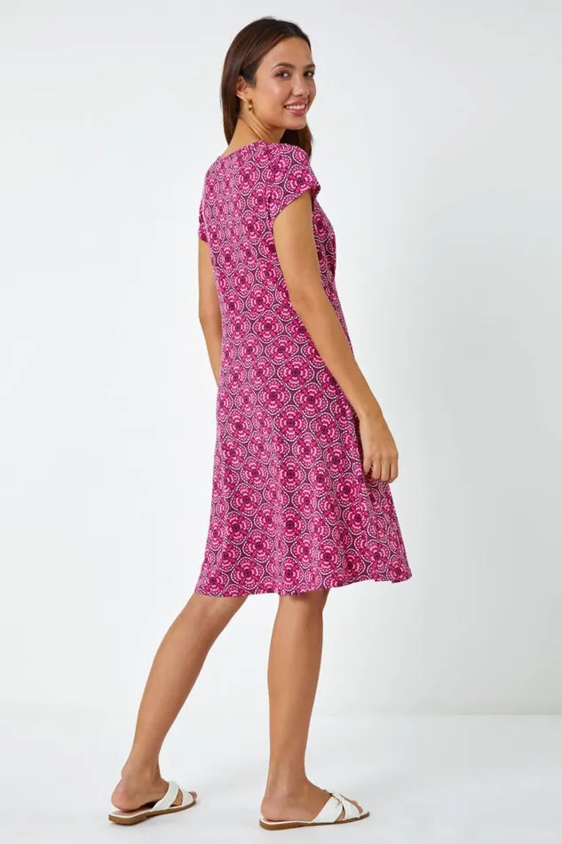 Women Pink Geo Print Textured Stretch Dress Roman Dresses