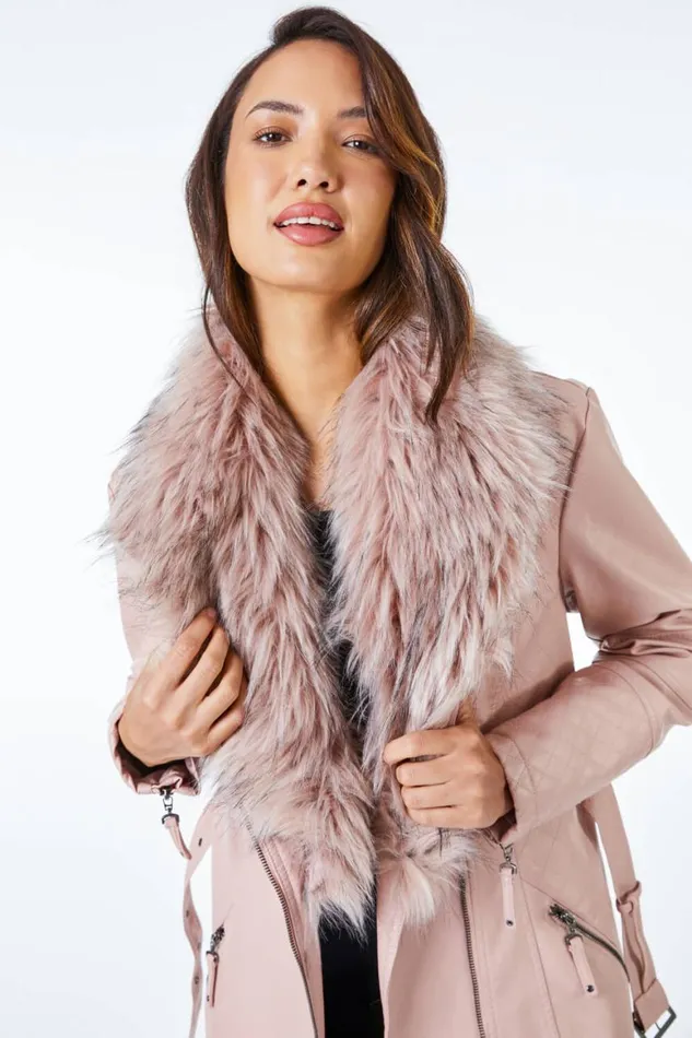 Women Pink Longline Faux Leather Belted Coat Roman Coats