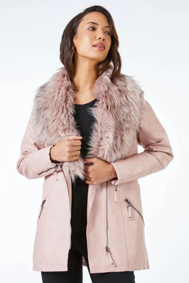 Women Pink Longline Faux Leather Belted Coat Roman Coats