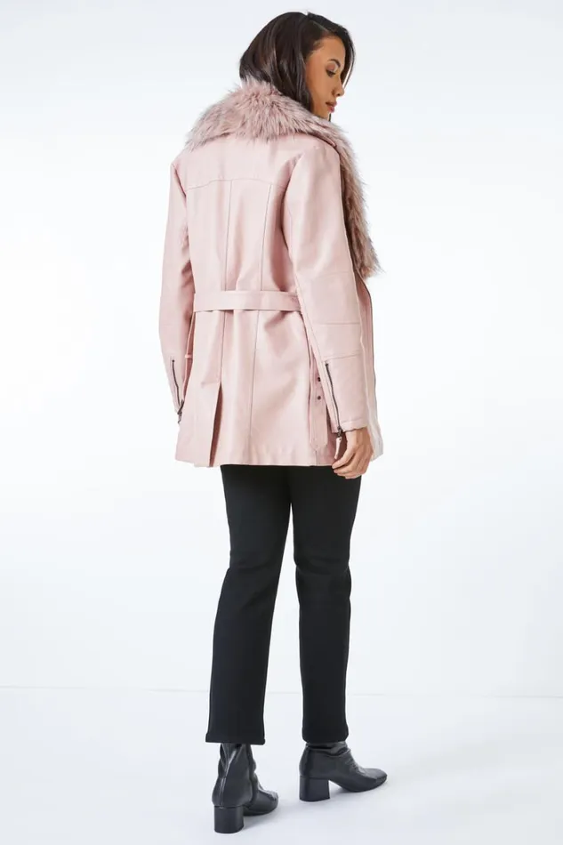 Women Pink Longline Faux Leather Belted Coat Roman Coats