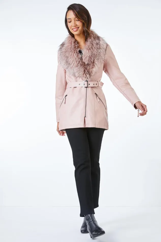 Women Pink Longline Faux Leather Belted Coat Roman Coats