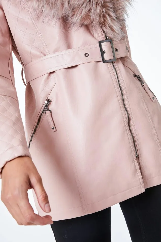 Women Pink Longline Faux Leather Belted Coat Roman Coats
