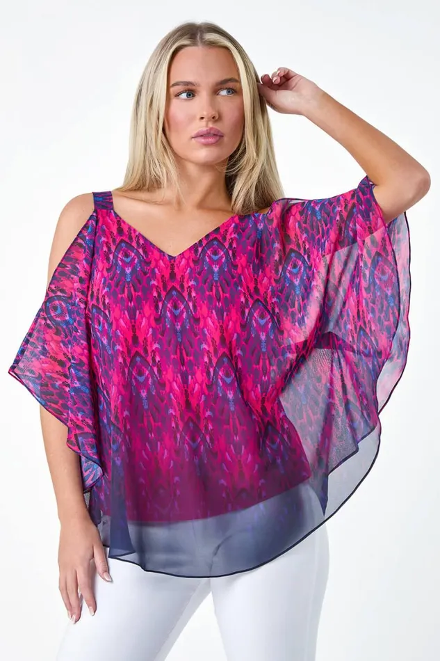 Women Pink Petite Aztec Print Cold Shoulder Top Roman Tops