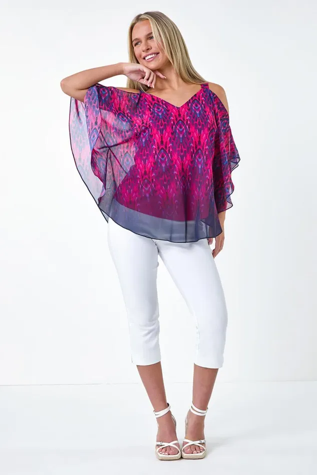 Women Pink Petite Aztec Print Cold Shoulder Top Roman Tops