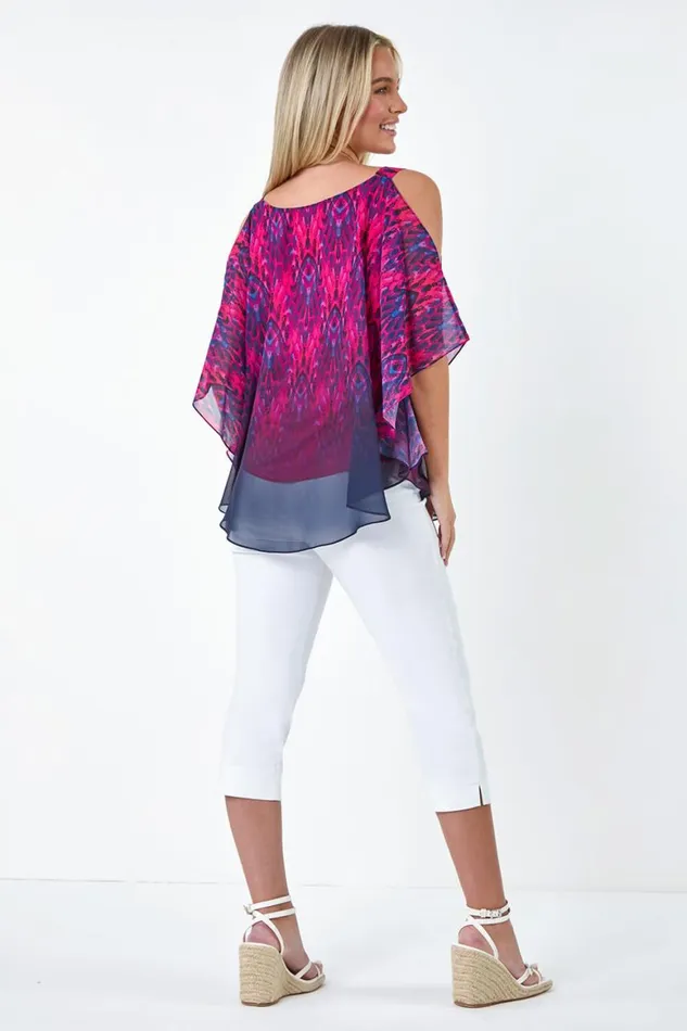 Women Pink Petite Aztec Print Cold Shoulder Top Roman Tops