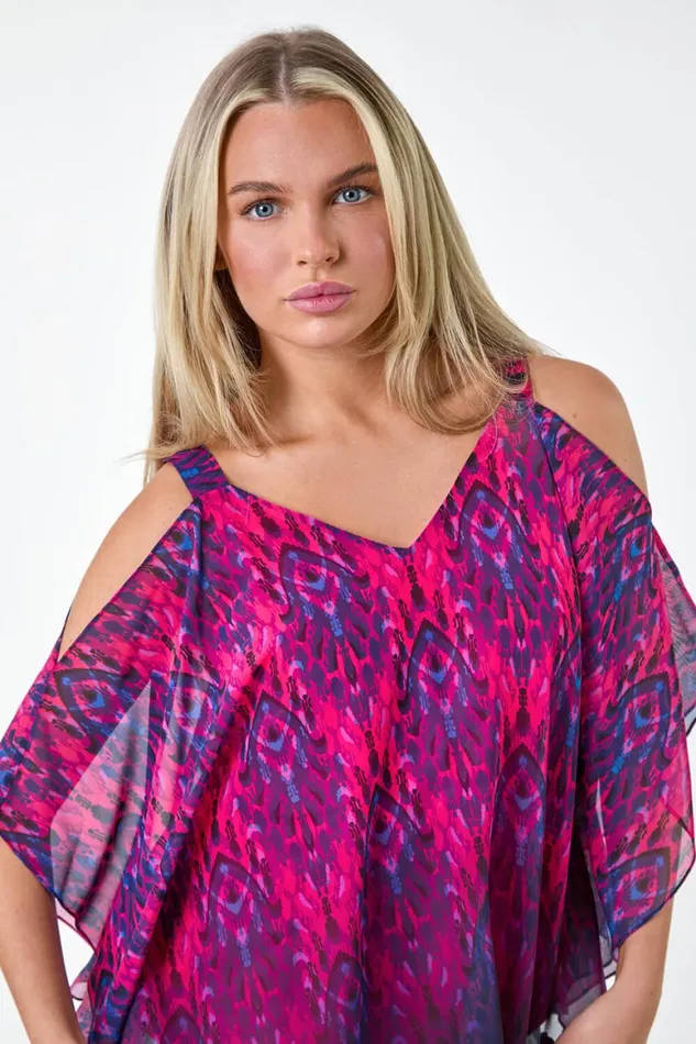 Women Pink Petite Aztec Print Cold Shoulder Top Roman Tops