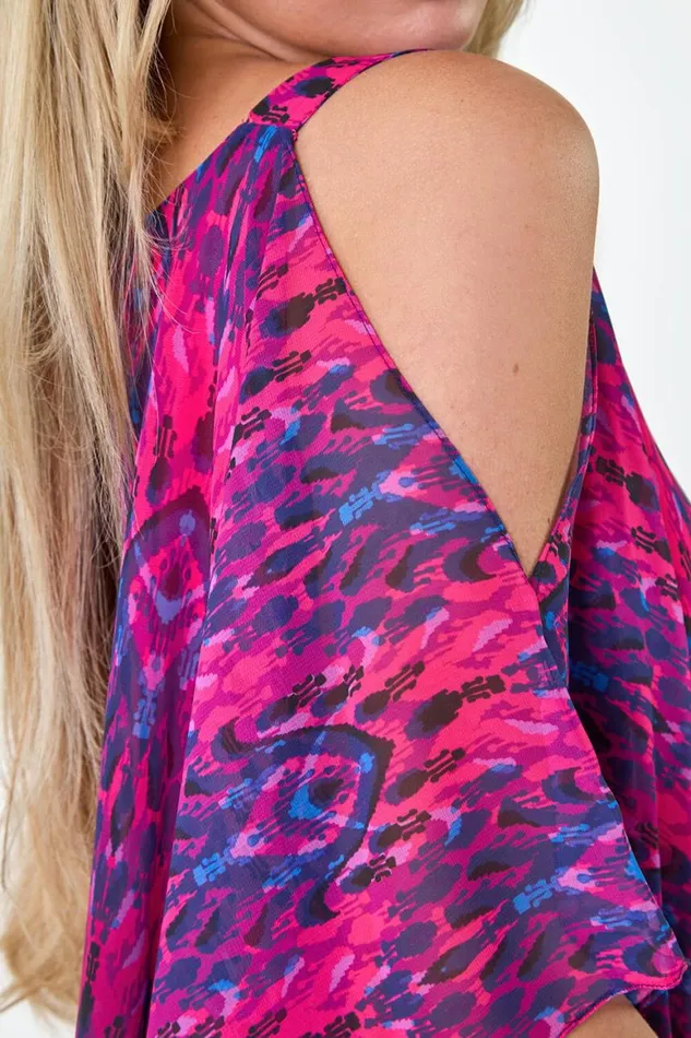 Women Pink Petite Aztec Print Cold Shoulder Top Roman Tops