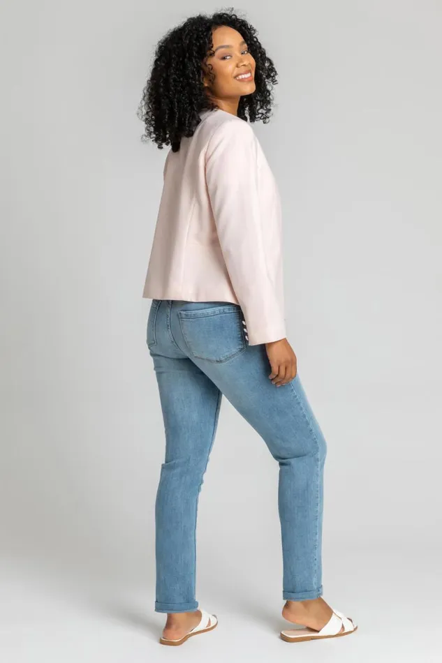 Women Pink Petite Button Detail Textured Jacket Roman Jackets