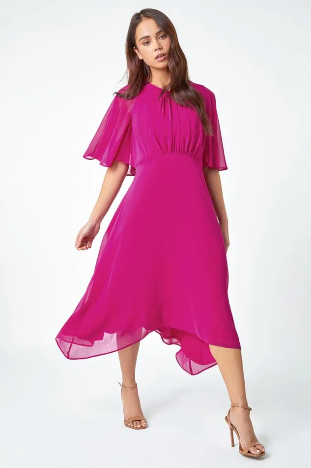 Women Pink Petite Chiffon Cape Midi Dress Roman Dresses