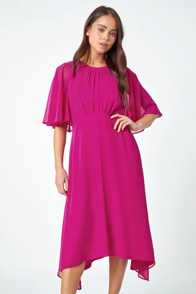 Women Pink Petite Chiffon Cape Midi Dress Roman Dresses