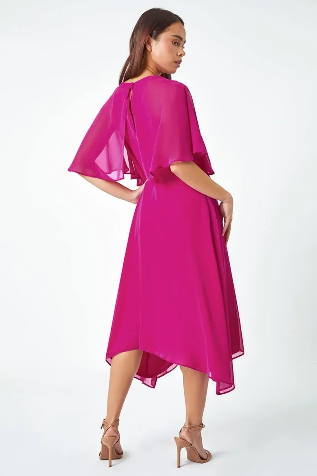Women Pink Petite Chiffon Cape Midi Dress Roman Dresses