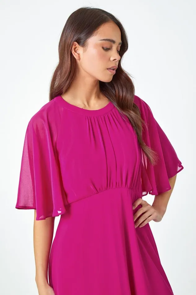 Women Pink Petite Chiffon Cape Midi Dress Roman Dresses