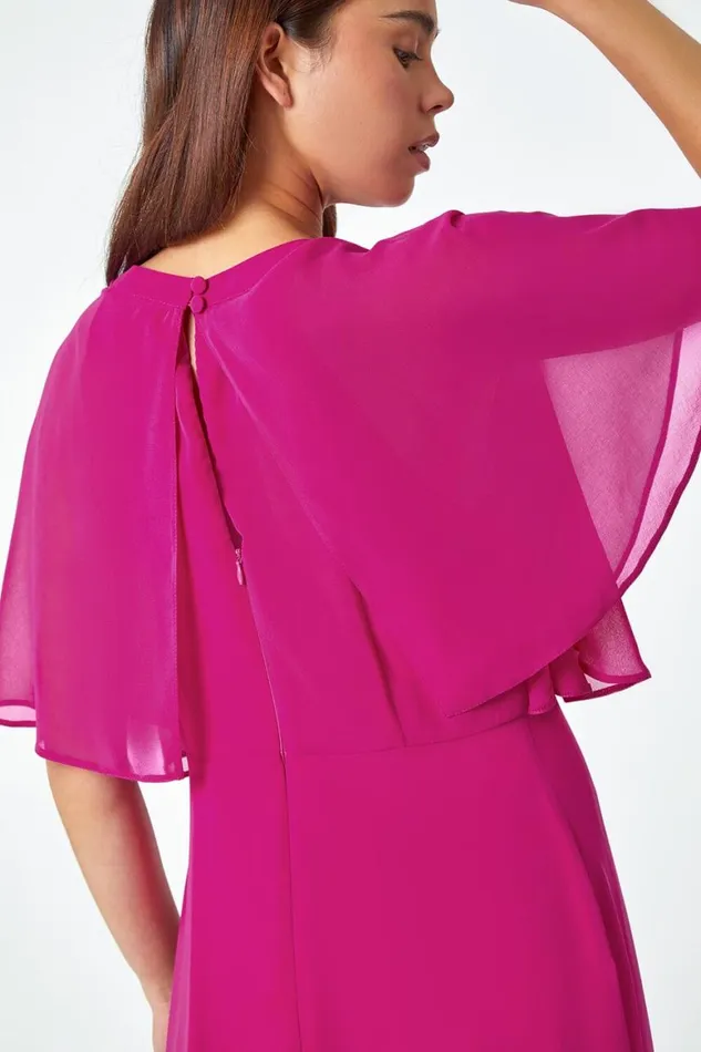 Women Pink Petite Chiffon Cape Midi Dress Roman Dresses