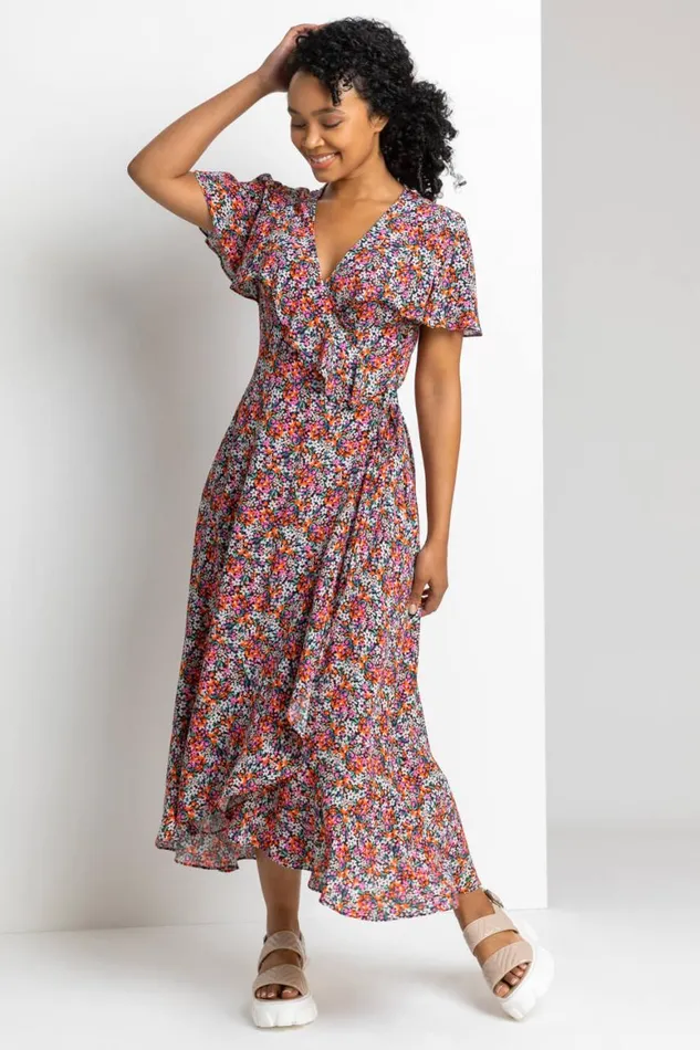 Women Pink Petite Ditsy Floral Frill Wrap Midi Dress Roman Dresses
