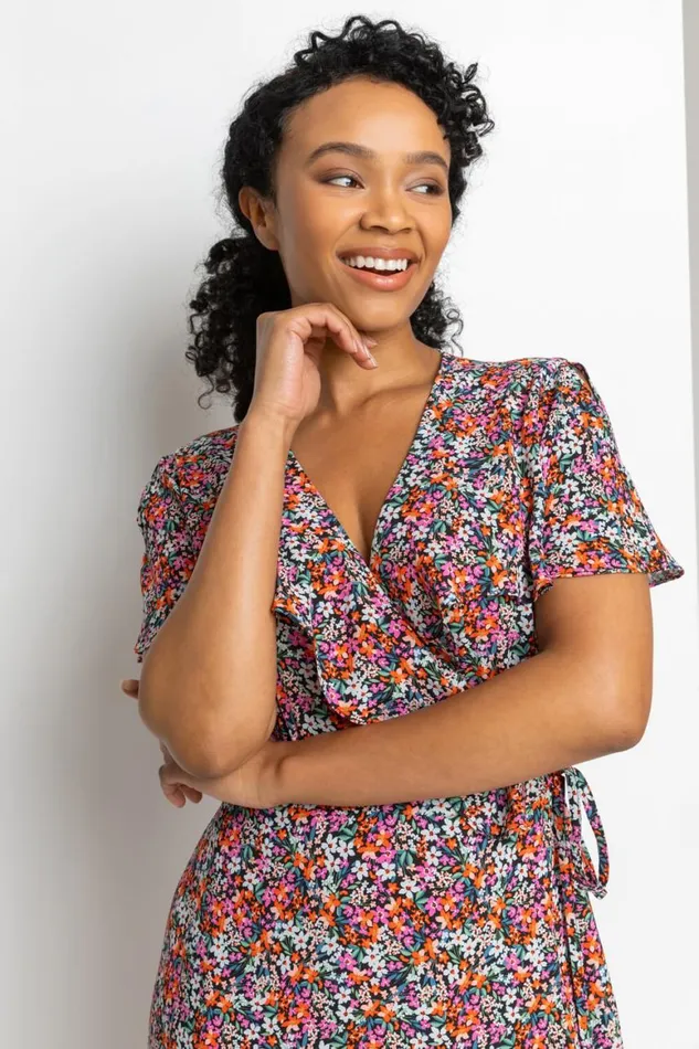 Women Pink Petite Ditsy Floral Frill Wrap Midi Dress Roman Dresses