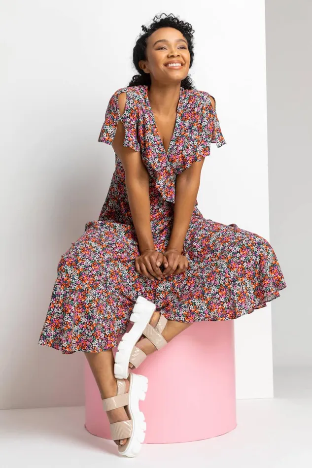 Women Pink Petite Ditsy Floral Frill Wrap Midi Dress Roman Dresses