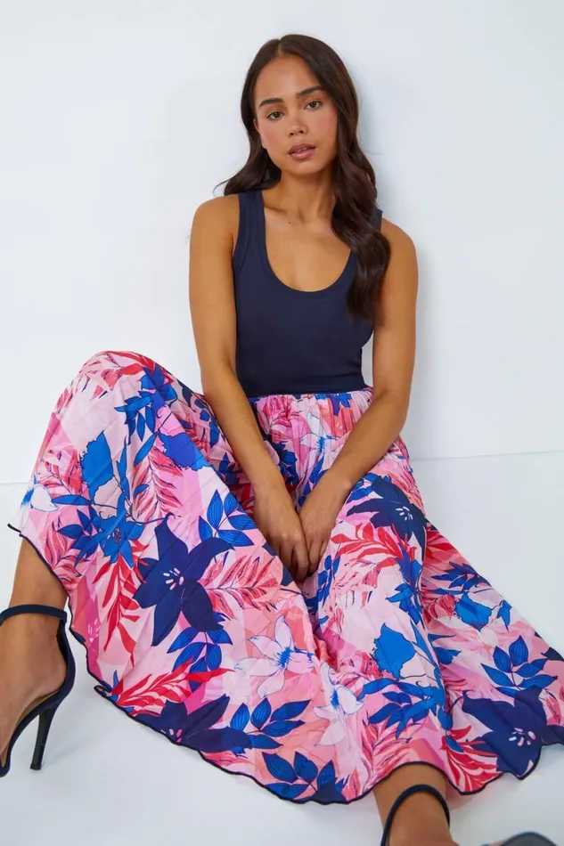 Women Pink Petite Floral A Line Pleated Midi Skirt Roman Skirts