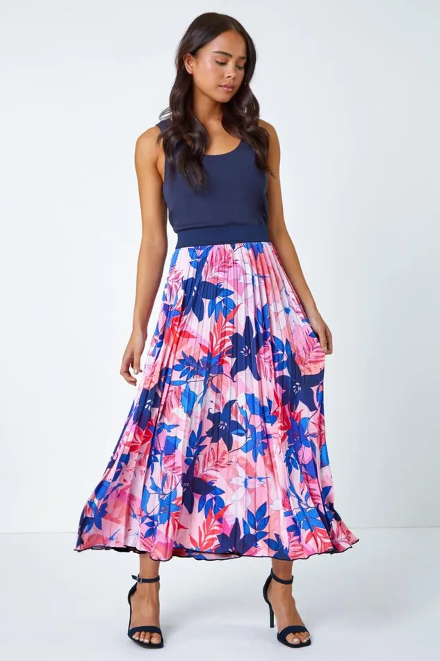 Women Pink Petite Floral A Line Pleated Midi Skirt Roman Skirts