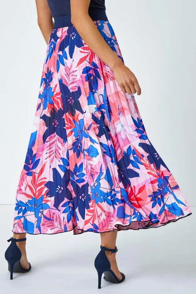 Women Pink Petite Floral A Line Pleated Midi Skirt Roman Skirts