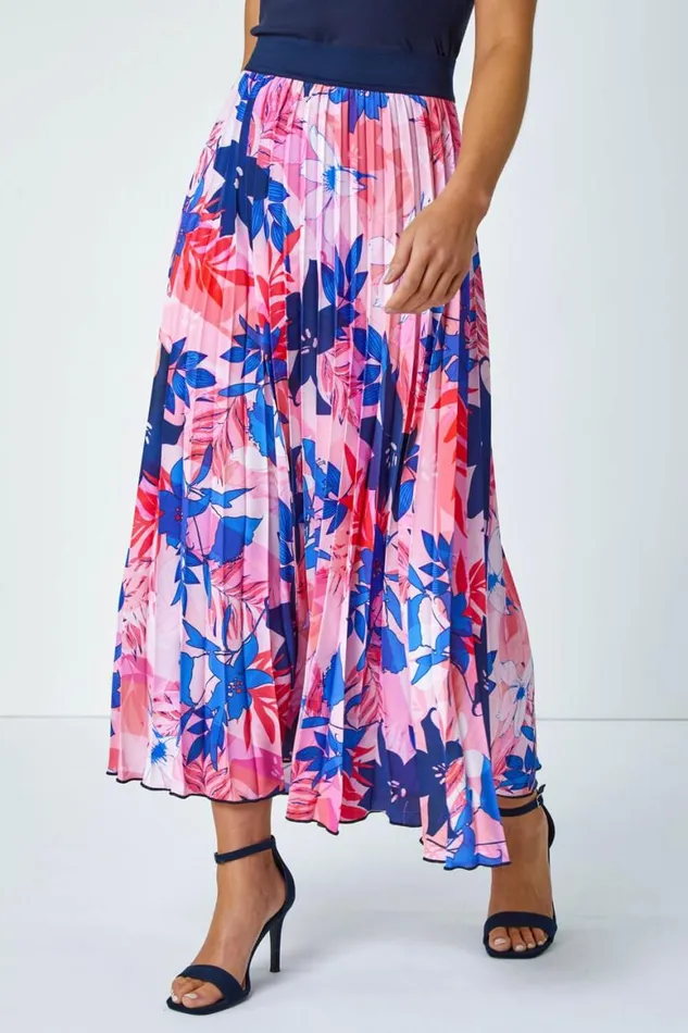 Women Pink Petite Floral A Line Pleated Midi Skirt Roman Skirts