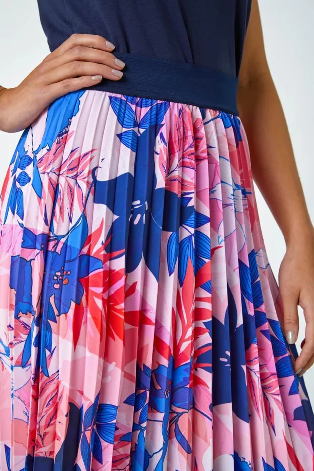 Women Pink Petite Floral A Line Pleated Midi Skirt Roman Skirts