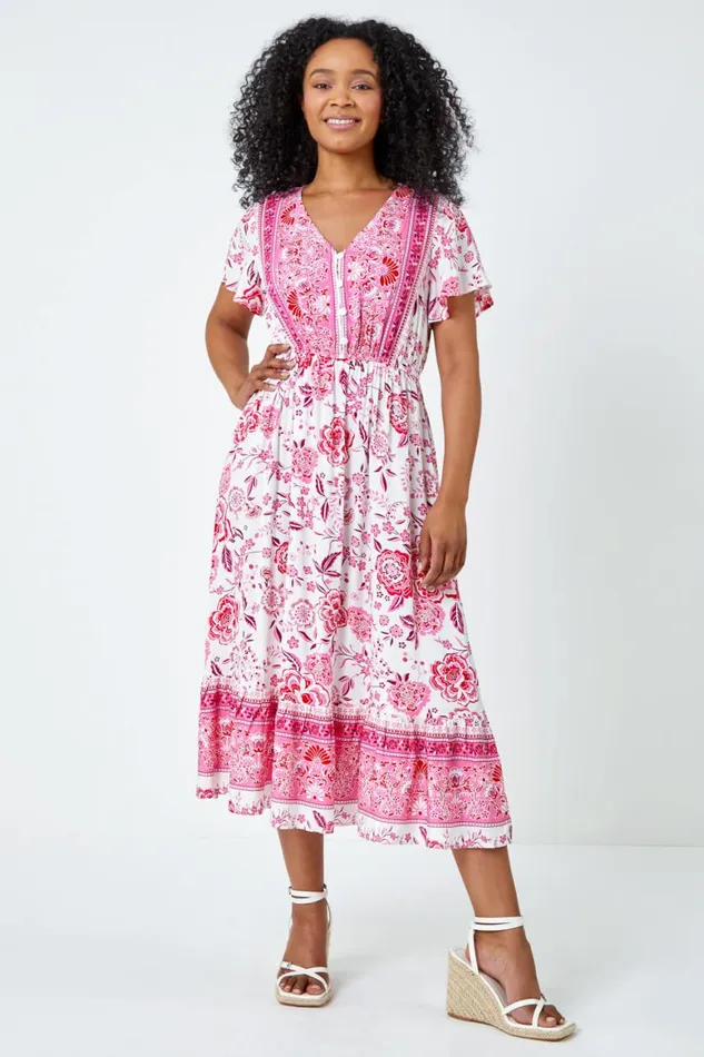 Women Pink Petite Floral Print Tiered Boho Dress Roman Dresses