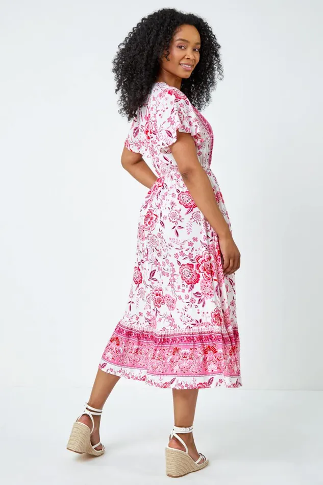 Women Pink Petite Floral Print Tiered Boho Dress Roman Dresses