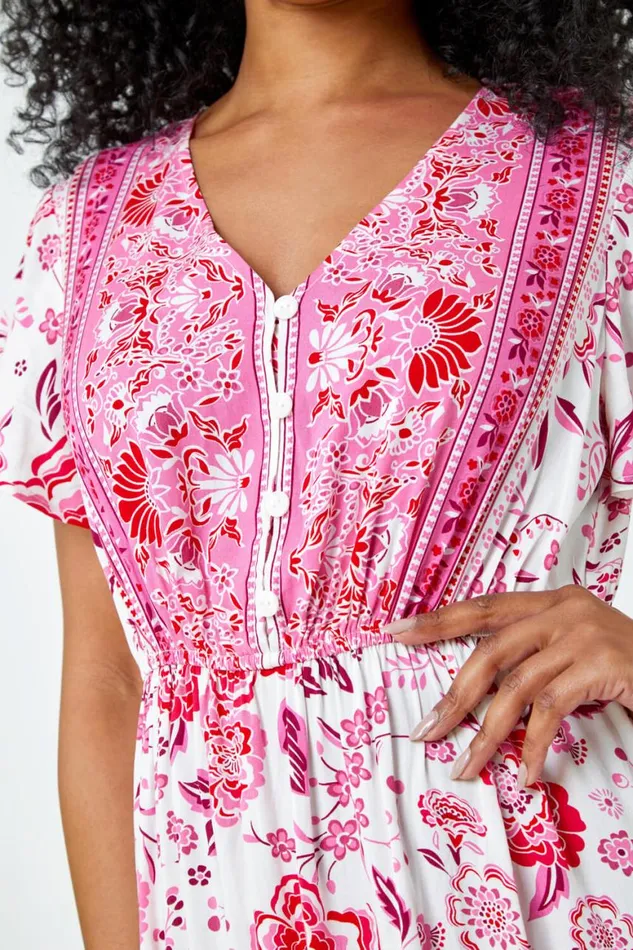 Women Pink Petite Floral Print Tiered Boho Dress Roman Dresses