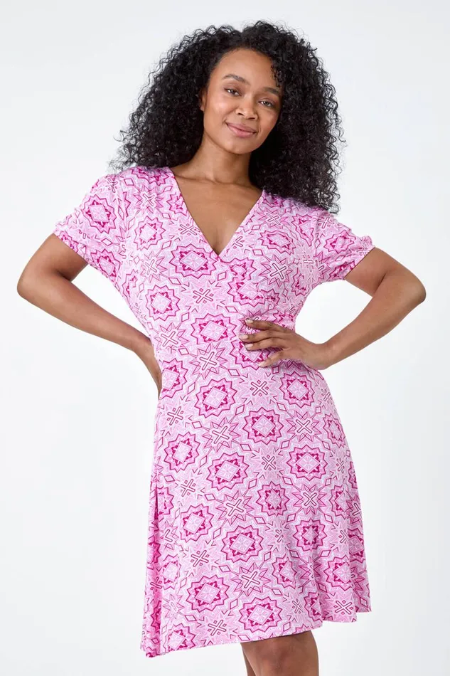 Women Pink Petite Geo Print Stretch Wrap Dress Roman Dresses