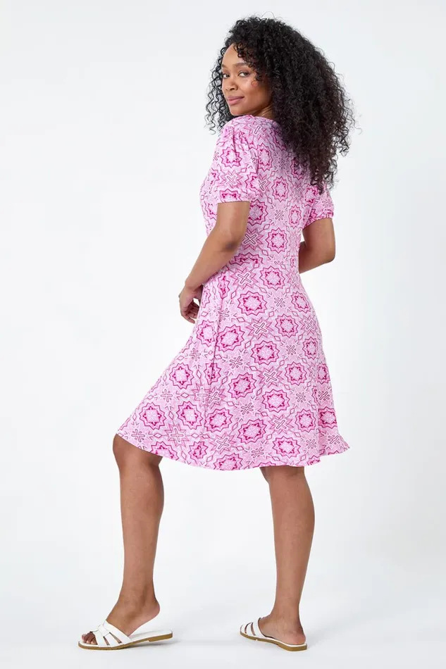Women Pink Petite Geo Print Stretch Wrap Dress Roman Dresses