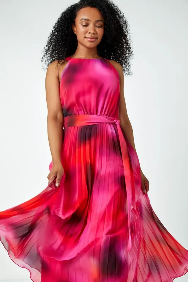 Women Pink Petite Halterneck Pleated Maxi Dress Roman Dresses