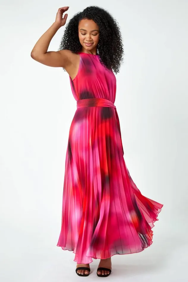 Women Pink Petite Halterneck Pleated Maxi Dress Roman Dresses