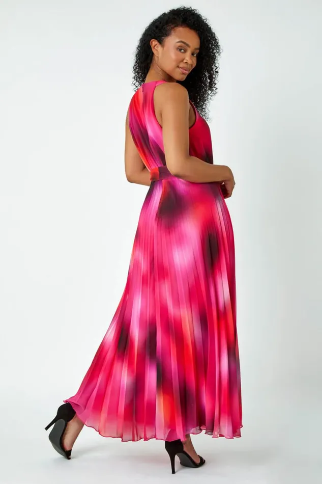 Women Pink Petite Halterneck Pleated Maxi Dress Roman Dresses