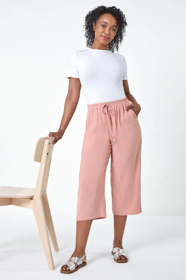Women Pink Petite Linen Mix Wide Cropped Trousers Roman Trousers