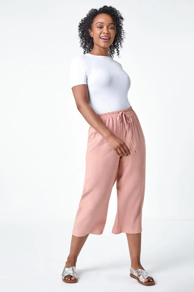 Women Pink Petite Linen Mix Wide Cropped Trousers Roman Trousers
