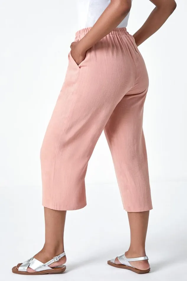 Women Pink Petite Linen Mix Wide Cropped Trousers Roman Trousers