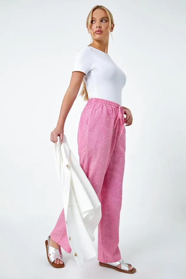 Women Pink Petite Linen Mix Wide Leg Trousers Roman Trousers