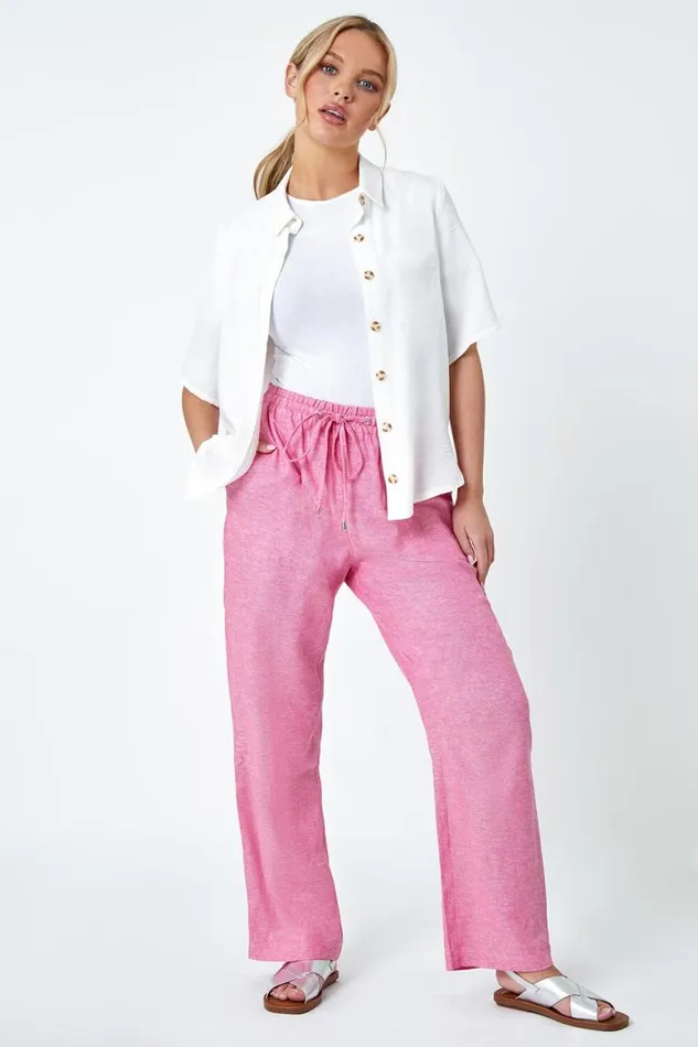 Women Pink Petite Linen Mix Wide Leg Trousers Roman Trousers